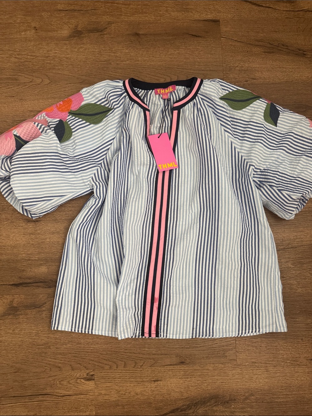 NWT THML Navy & White Striped Puff Sleeve Top with Pink Trim and Floral Applique